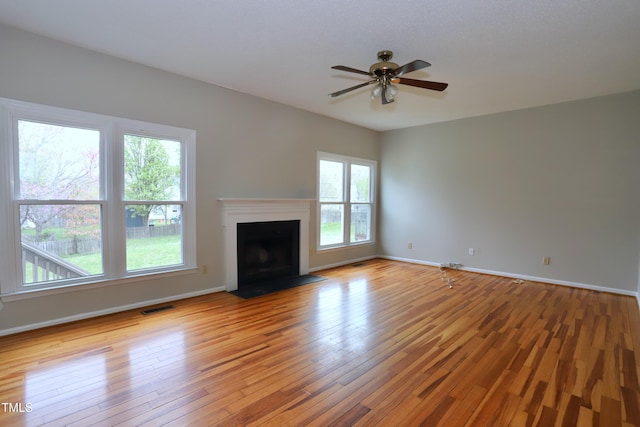 3313 Sparrowhawk Dr, High Point, NC 27265 - unfurnished living room with light wood finished floors, visible vents, a ceiling fan, and a healthy amount of sunlight