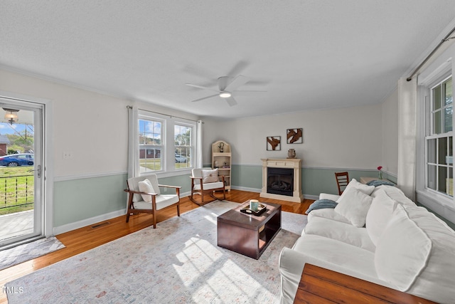 116 Lakewood Dr, Wendell, NC 27591 - living room with visible vents, baseboards, ceiling fan, wood finished floors, and a fireplace