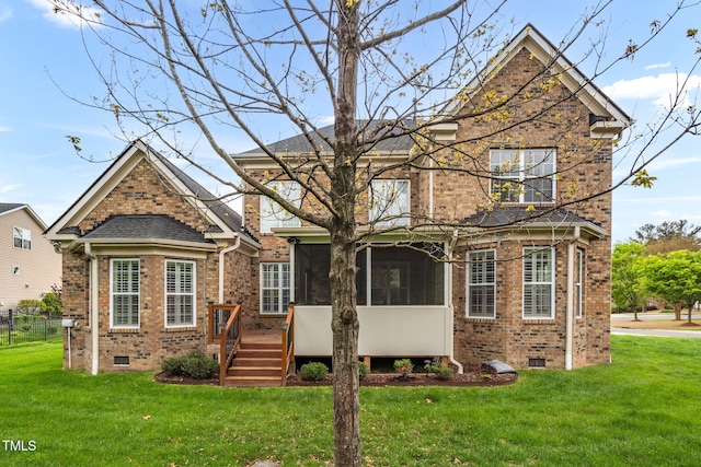 1808 Pattersons Mill Rd, Durham, NC 27703 - traditional-style home with a sunroom, crawl space, fence, brick siding, and a front lawn