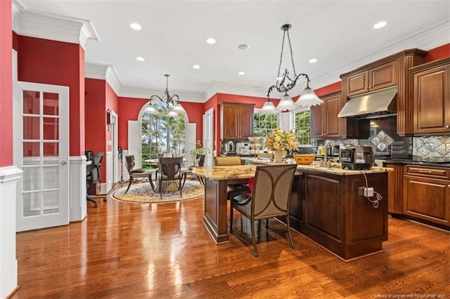kitchen featuring under cabinet range hood, light stone countertops, dark wood-style floors, and a center island with sink