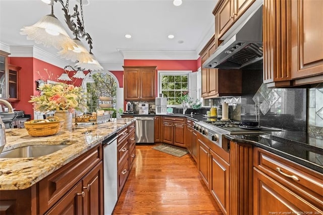 kitchen with crown molding, backsplash, light wood finished floors, appliances with stainless steel finishes, and under cabinet range hood