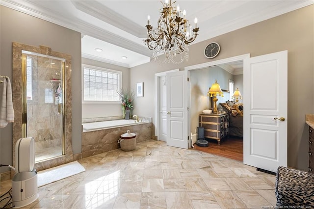 full bath featuring an inviting chandelier, a bath, crown molding, and a shower stall