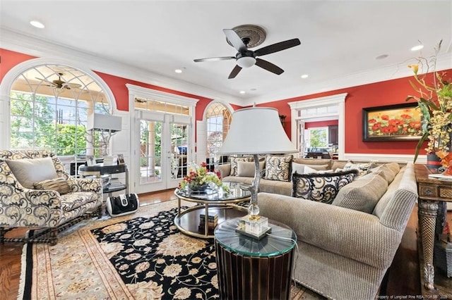 living room featuring recessed lighting, crown molding, ceiling fan, and french doors