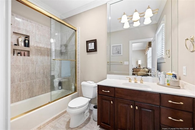 full bath with combined bath / shower with glass door, ornamental molding, toilet, vanity, and tile patterned flooring