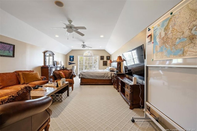 bedroom featuring light carpet, lofted ceiling, ceiling fan, and recessed lighting