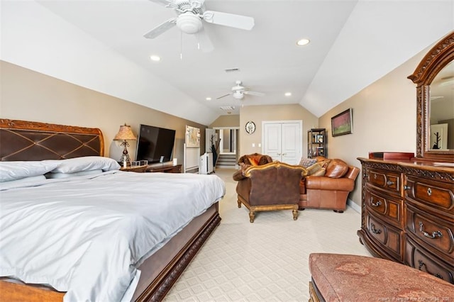 bedroom with vaulted ceiling, recessed lighting, visible vents, a ceiling fan, and light carpet