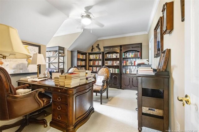 office space with light colored carpet, lofted ceiling, crown molding, and ceiling fan