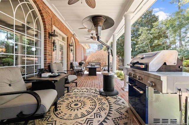 view of patio with an outdoor living space, a grill, french doors, and a ceiling fan