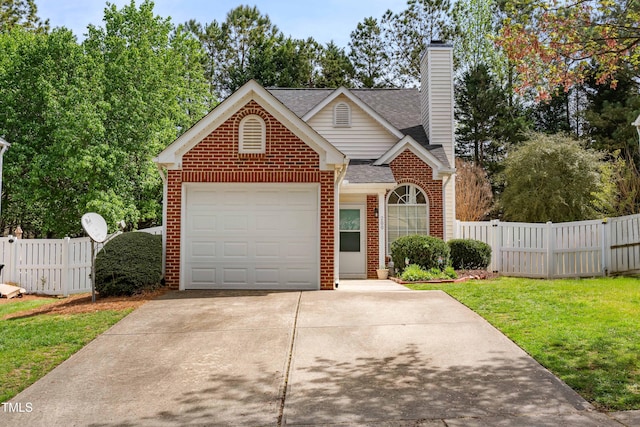 traditional-style house with brick siding, driveway, fence, and an attached garage