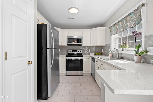 kitchen featuring white cabinets, visible vents, stainless steel appliances, a sink, and backsplash
