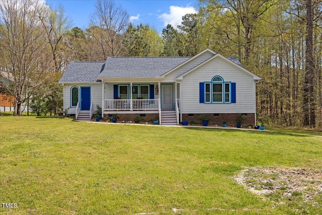 single story home with a front yard, a porch, crawl space, and a shingled roof