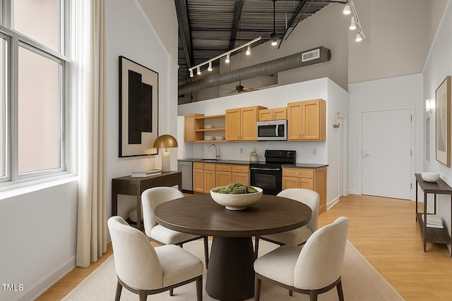 700 Market St Unit 214, Chapel Hill, NC 27516 - dining area featuring rail lighting, high vaulted ceiling, light wood-style floors, ceiling fan, and baseboards