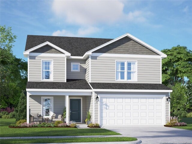 4894 Blue Springs Rd, Red Springs, NC 28377 - view of front facade featuring a garage, a porch, driveway, a shingled roof, and a front yard