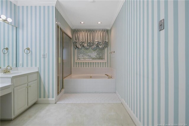 1800 Pugh St, Fayetteville, NC 28305 - bathroom featuring vanity, wallpapered walls, crown molding, and a shower stall