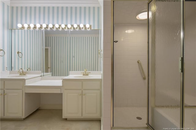 1800 Pugh St, Fayetteville, NC 28305 - bathroom featuring wallpapered walls, vanity, and a stall shower