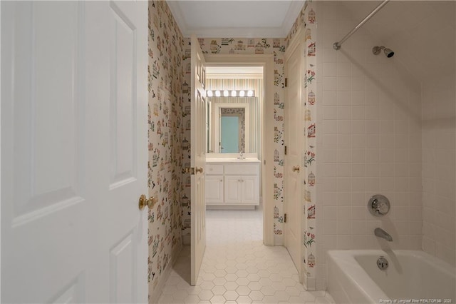 1800 Pugh St, Fayetteville, NC 28305 - full bathroom with wallpapered walls, shower / bath combo with shower curtain, tile patterned floors, and vanity