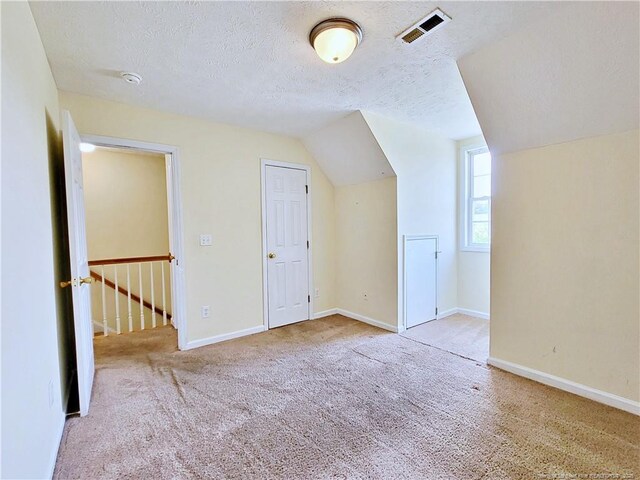 additional living space featuring carpet floors, a textured ceiling, lofted ceiling, baseboards, and visible vents
