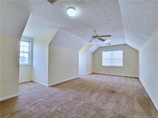 additional living space featuring carpet, a healthy amount of sunlight, lofted ceiling, and a textured ceiling