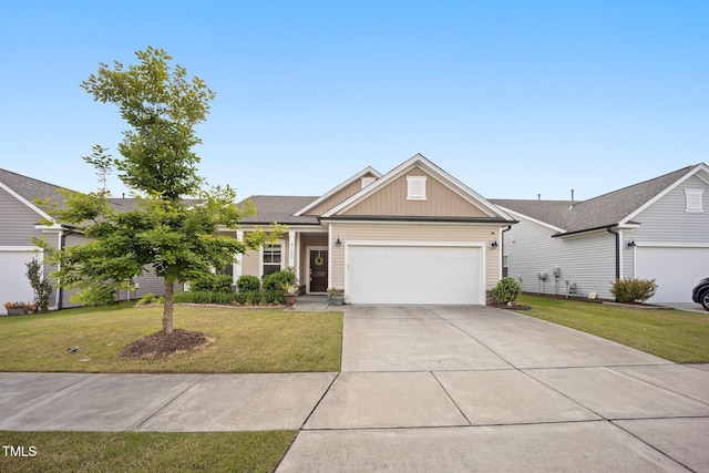 view of front facade with an attached garage, board and batten siding, driveway, and a front lawn
