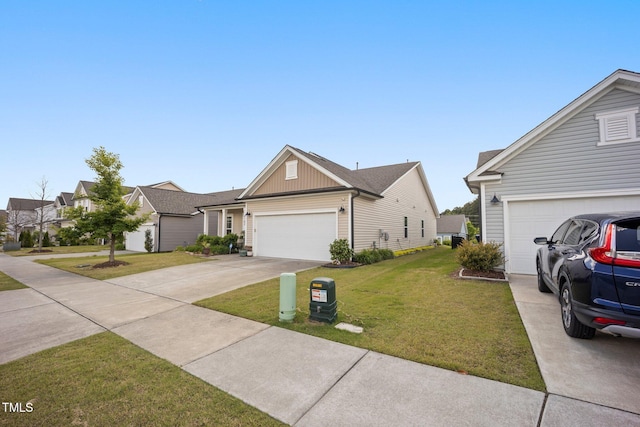 single story home featuring driveway, a front yard, an attached garage, and board and batten siding