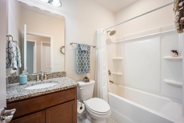 bathroom with toilet, vanity, and shower / tub combo with curtain