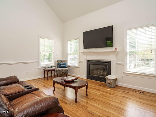 2213 Ravens Creek Ct, Raleigh, NC 27603 - living area featuring a glass covered fireplace, visible vents, vaulted ceiling, wood finished floors, and baseboards