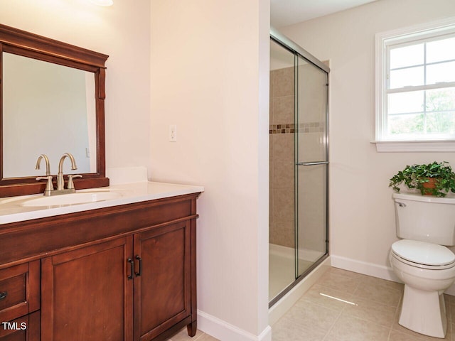 2213 Ravens Creek Ct, Raleigh, NC 27603 - bathroom with baseboards, toilet, vanity, tile patterned flooring, and a stall shower