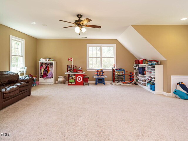 2213 Ravens Creek Ct, Raleigh, NC 27603 - playroom with carpet floors, ceiling fan, baseboards, and lofted ceiling