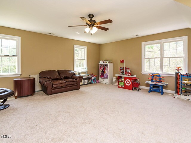 2213 Ravens Creek Ct, Raleigh, NC 27603 - rec room featuring carpet floors, baseboards, a ceiling fan, and visible vents