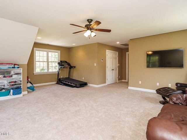2213 Ravens Creek Ct, Raleigh, NC 27603 - workout area featuring light carpet, ceiling fan, and baseboards