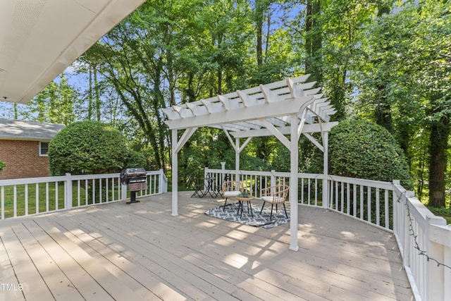 3911 Hope Valley Rd, Durham, NC 27707 - wooden terrace with a pergola, outdoor dining space, and view of scattered trees