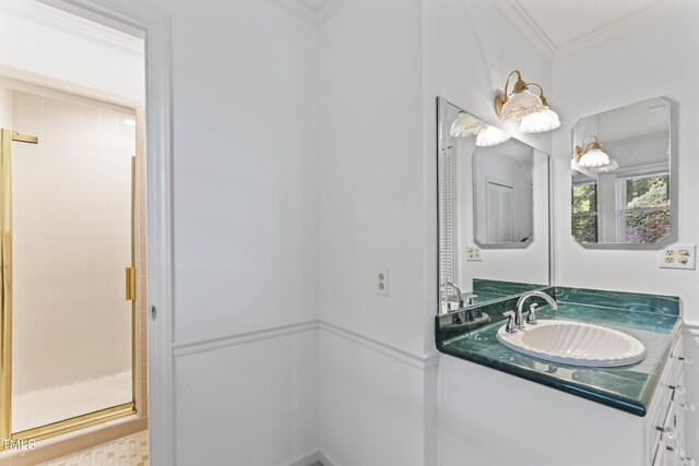 3911 Hope Valley Rd, Durham, NC 27707 - full bathroom with vanity, crown molding, and a stall shower