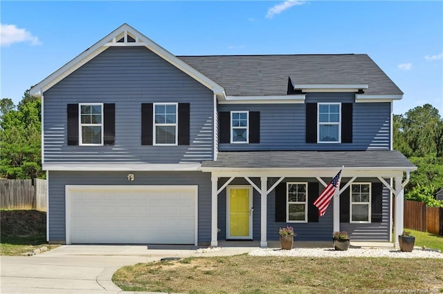 4644 Woodline Dr, Fayetteville, NC 28314 - view of front of home featuring driveway, fence, covered porch, an attached garage, and a shingled roof
