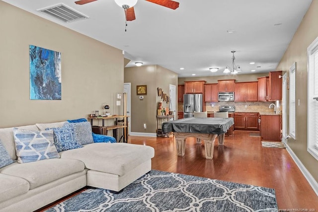 178 Tun Tavern Dr, Cameron, NC 28326 - living area with billiards, dark wood-type flooring, ceiling fan, baseboards, and recessed lighting