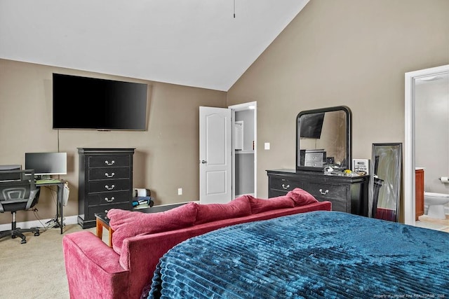 178 Tun Tavern Dr, Cameron, NC 28326 - bedroom featuring carpet, high vaulted ceiling, baseboards, ensuite bathroom, and a desk