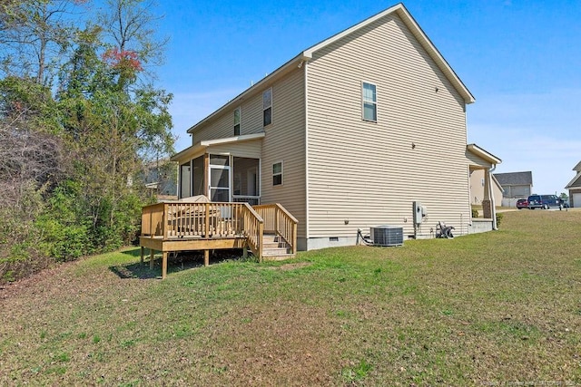 178 Tun Tavern Dr, Cameron, NC 28326 - back of house with a sunroom, crawl space, a deck, and a lawn