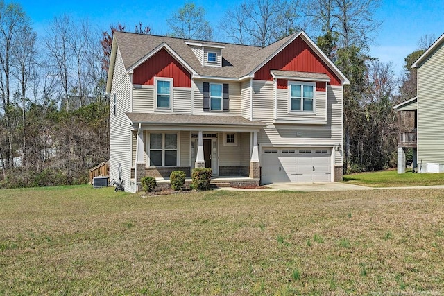 178 Tun Tavern Dr, Cameron, NC 28326 - craftsman-style home featuring covered porch, a garage, a front yard, cooling unit, and a shingled roof