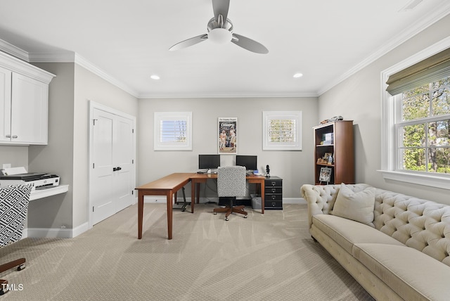 office with light carpet, baseboards, ceiling fan, and crown molding