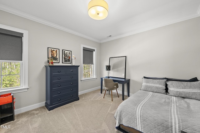 bedroom featuring baseboards, ornamental molding, and multiple windows