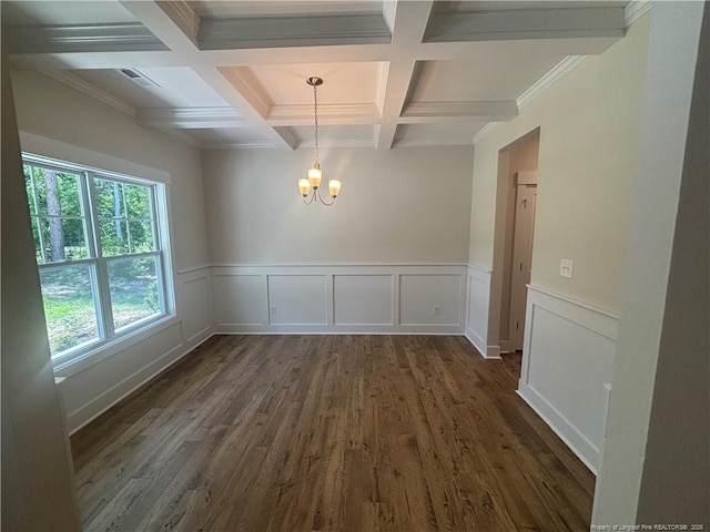 505 Chason Rd, Lumber Bridge, NC 28357 - unfurnished dining area with a chandelier, coffered ceiling, beam ceiling, dark wood finished floors, and wainscoting