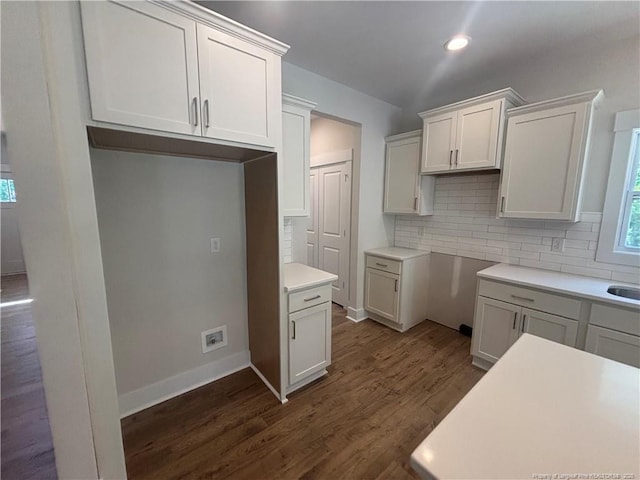 505 Chason Rd, Lumber Bridge, NC 28357 - kitchen featuring dark wood finished floors, decorative backsplash, recessed lighting, white cabinetry, and baseboards