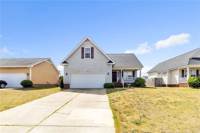 2220 Chasewater Rd, Fayetteville, NC 28306 - traditional home with a porch, an attached garage, concrete driveway, and a front lawn
