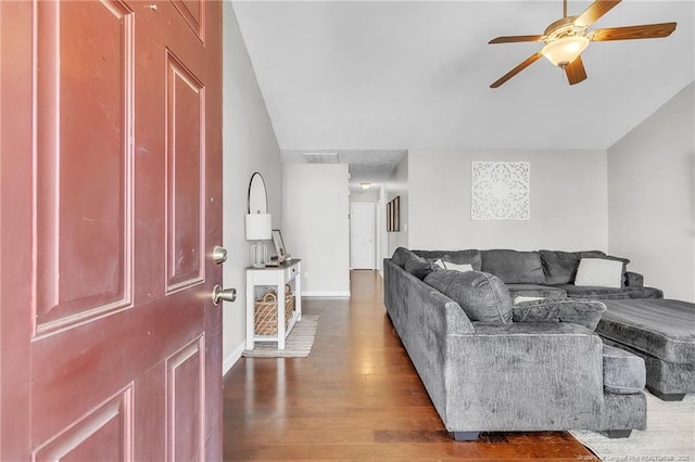 2220 Chasewater Rd, Fayetteville, NC 28306 - living area with a ceiling fan, baseboards, wood finished floors, vaulted ceiling, and visible vents