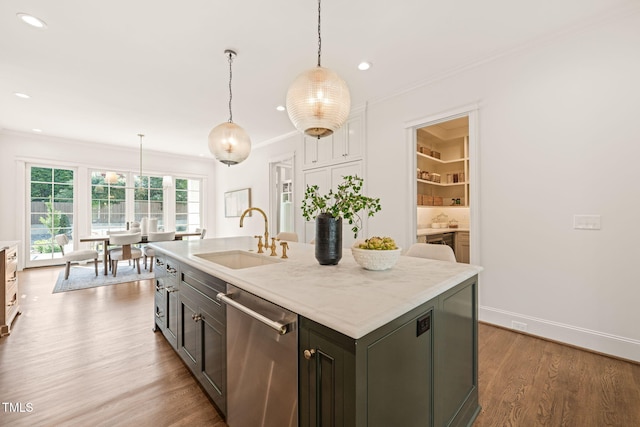 kitchen featuring a sink, ornamental molding, stainless steel dishwasher, and dark wood-type flooring