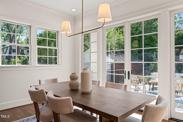 dining area featuring ornamental molding, a wealth of natural light, and wood finished floors
