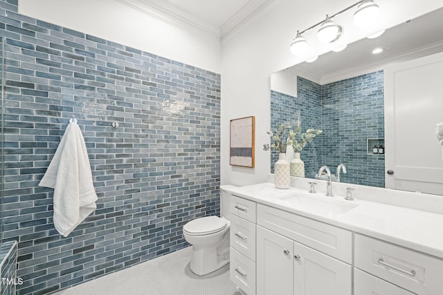 full bathroom with crown molding, toilet, tile walls, and vanity