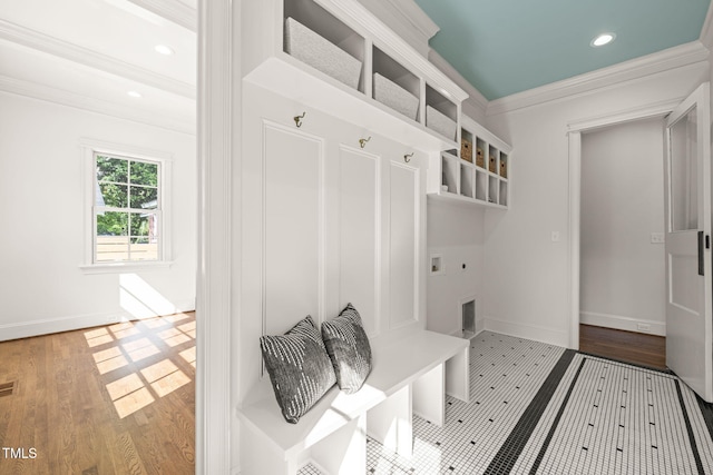 mudroom with crown molding, baseboards, recessed lighting, and wood finished floors