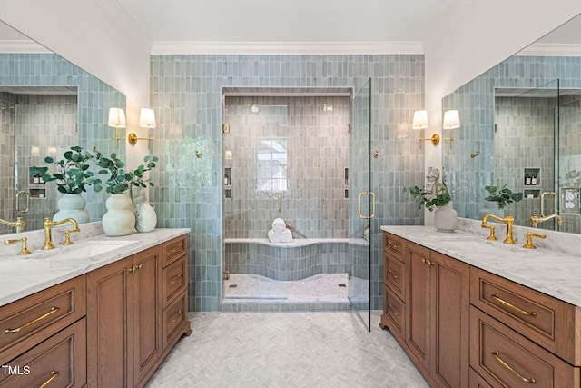 full bathroom with crown molding, a sink, tile walls, two vanities, and a stall shower