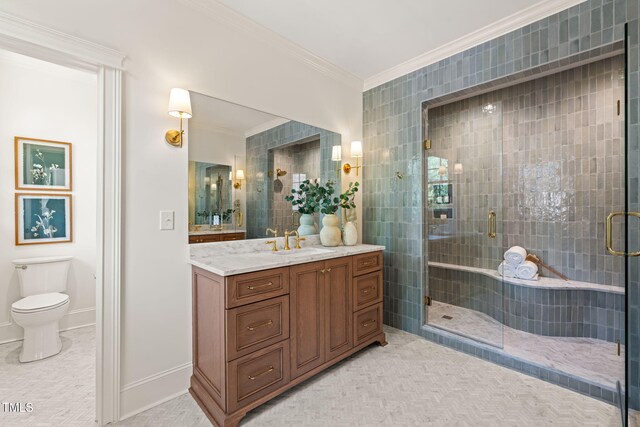 909 N Gregson St, Durham, NC 27701 - bathroom with vanity, ornamental molding, a shower stall, and toilet