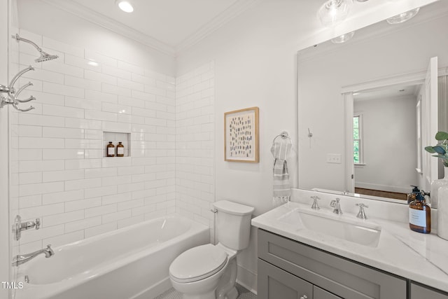 full bath featuring crown molding, toilet, bathing tub / shower combination, and vanity